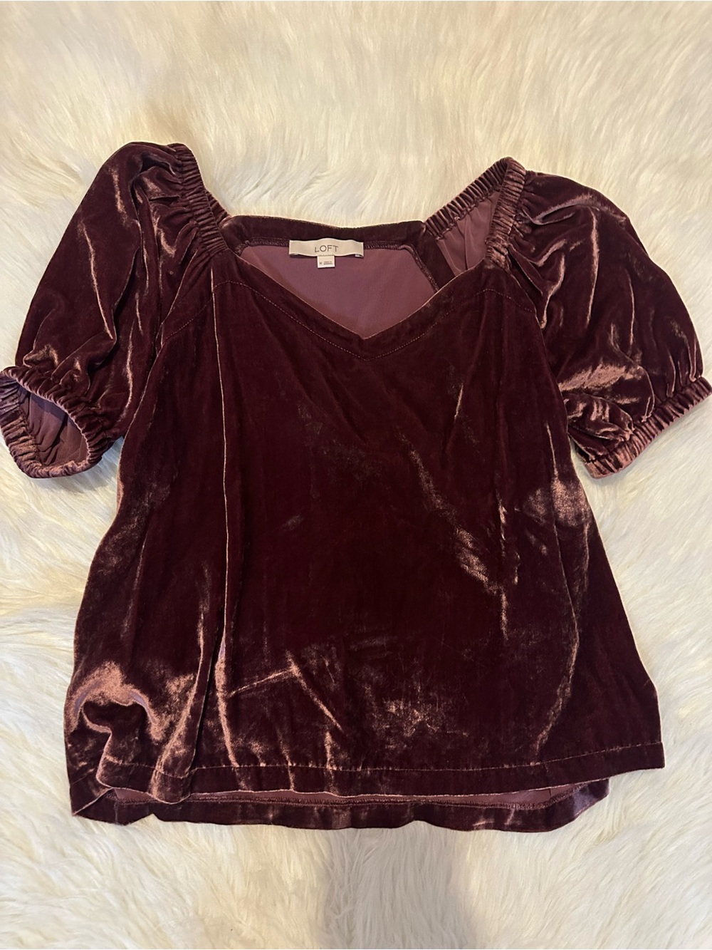 LOFT Velvet V-Neck Puff Sleeve Top in Wine
